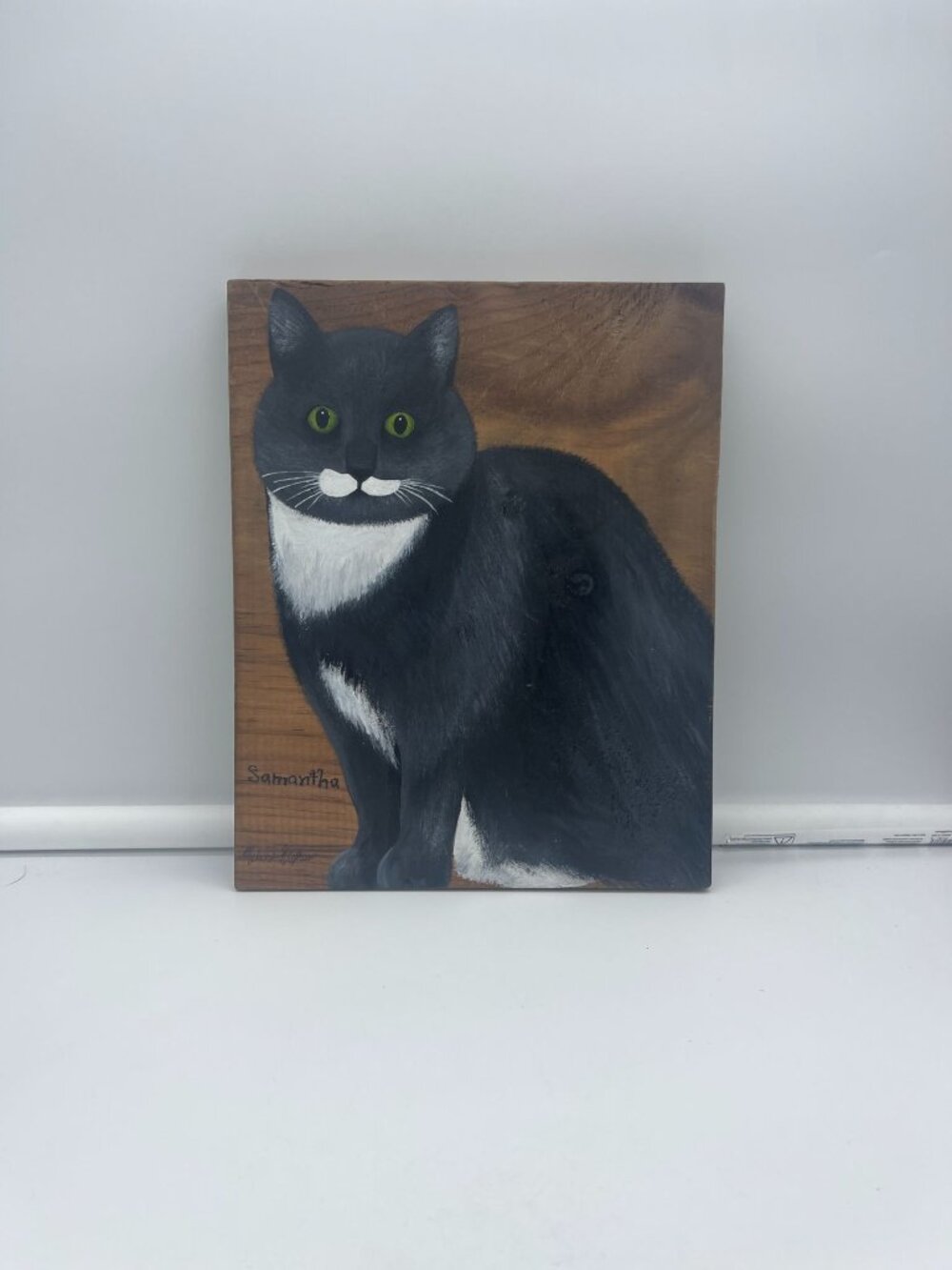 Hand Painted Tuxedo Cat Portrait on Wood Board Wall Hanging